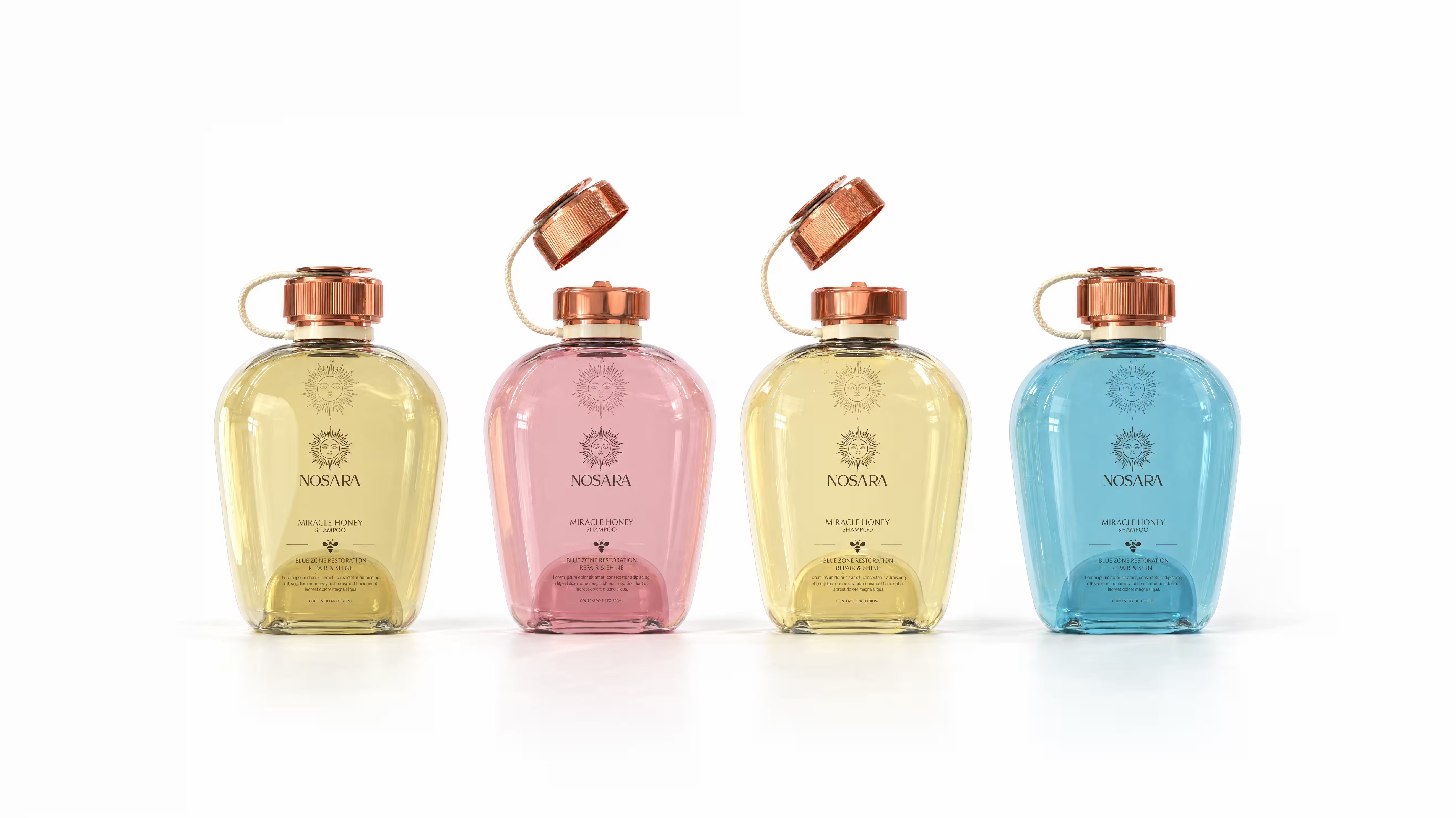 Cuatro botellas Nosara Hair, foto de estudio