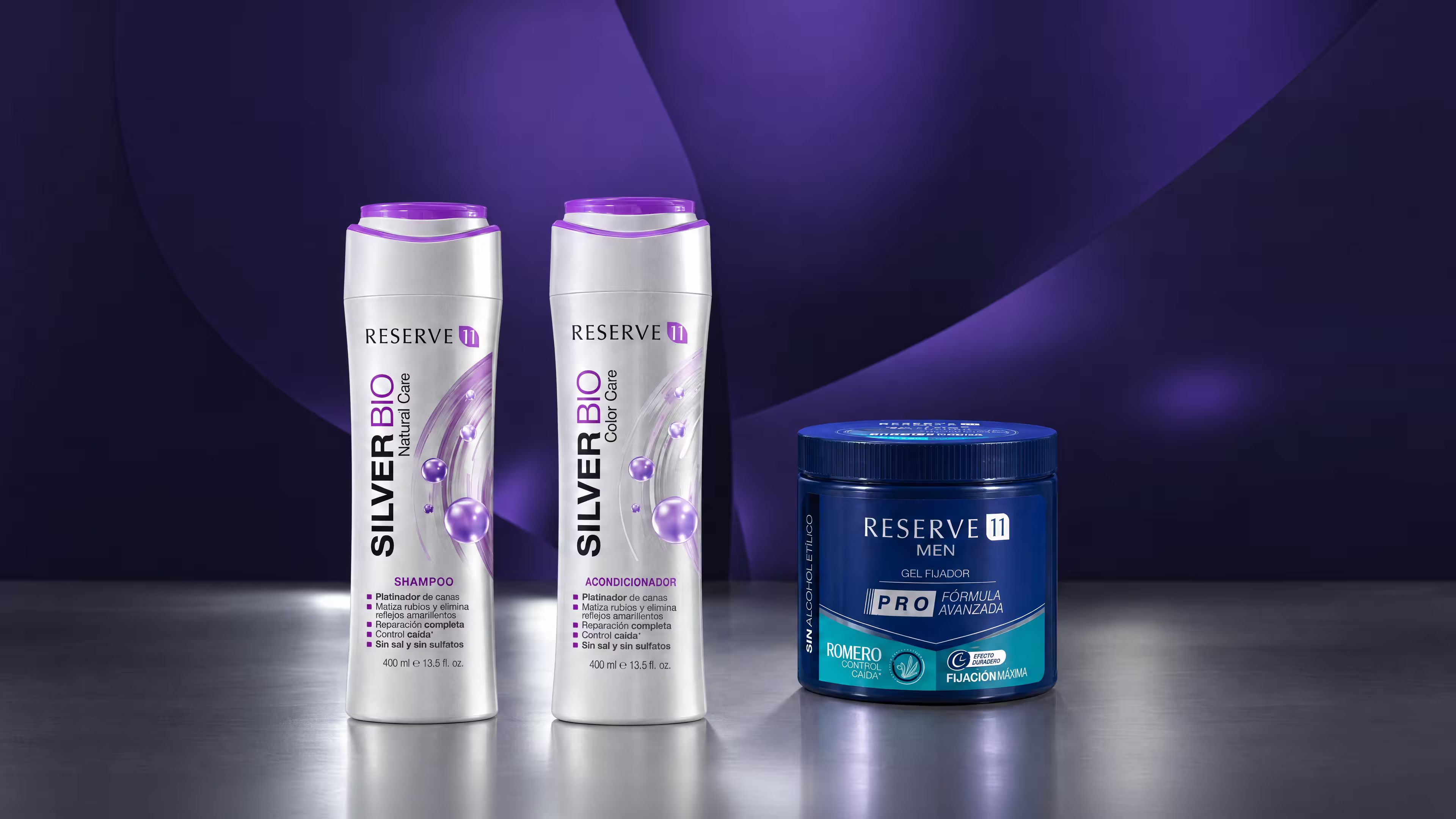 Shampoo, acondicionador y gel fijador Reserve 11, foto de estudio