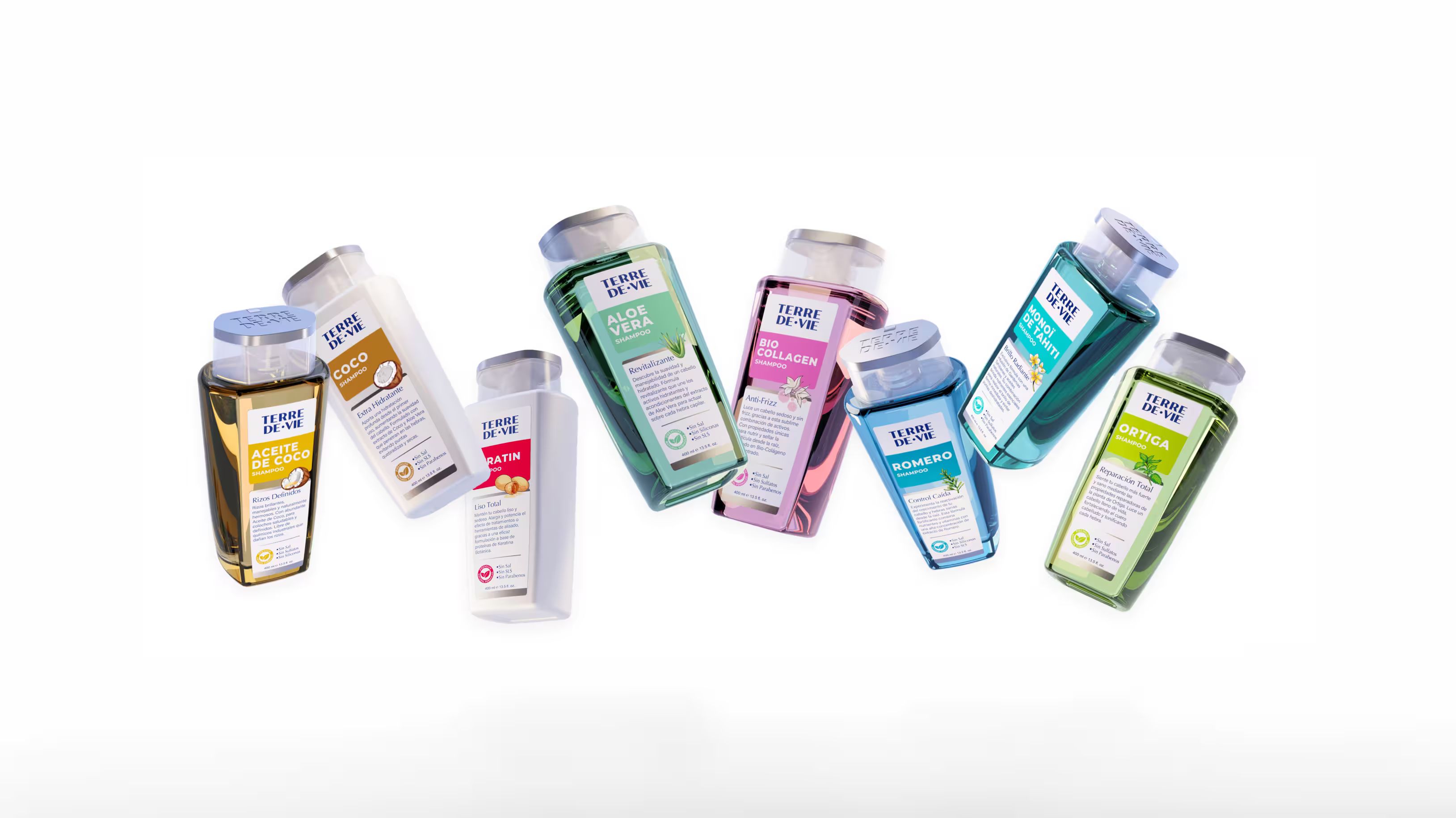 Botellas de shampoo y acondicionador Terre de Vie, foto de estudio